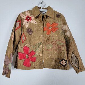 Life Style Petite Womens Floral Embroidered Button-Front Jacket PS Brown Artsy